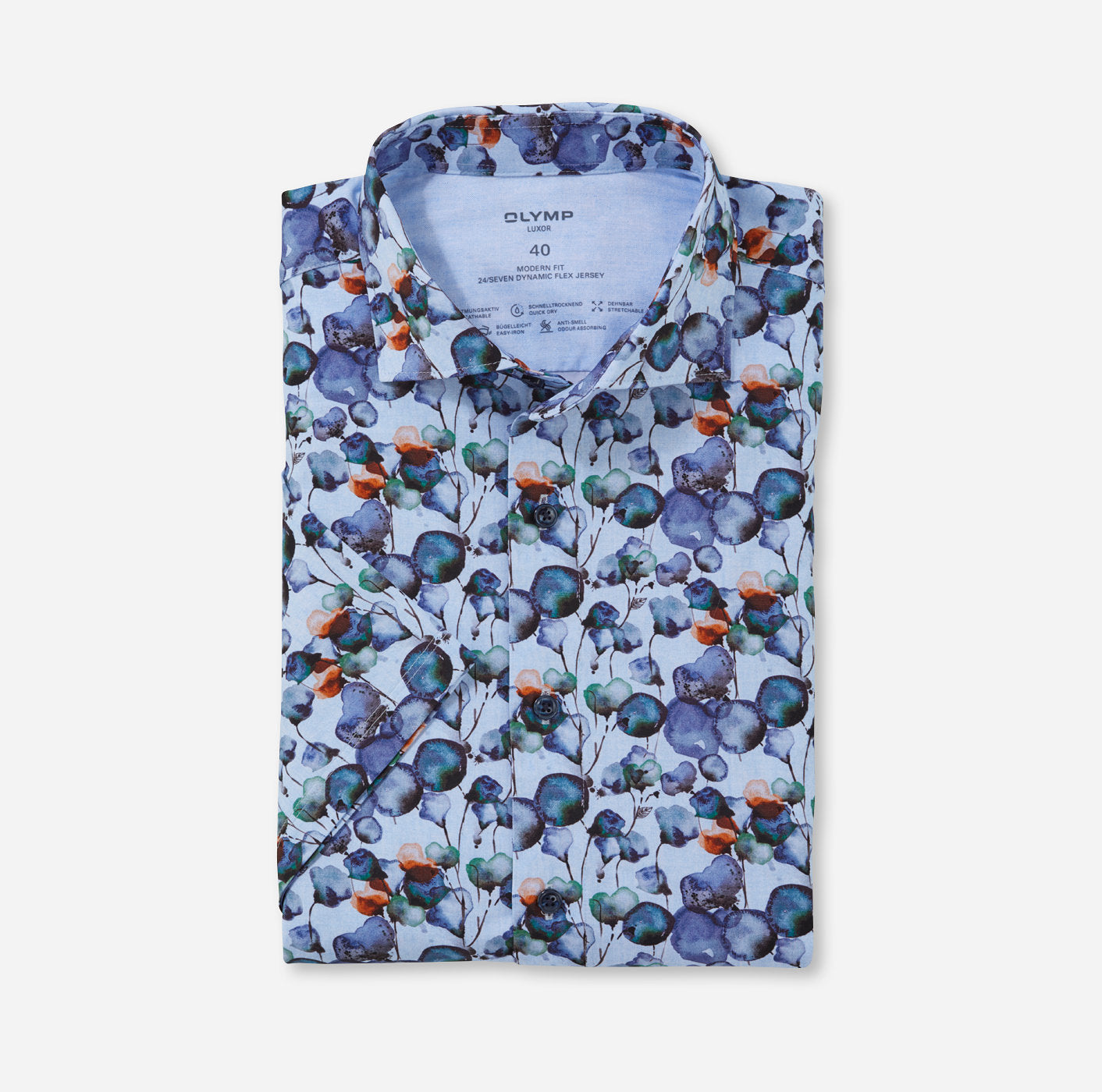 Olymp Blue Floral Flex Half Sleeve Modern Fit Shirt