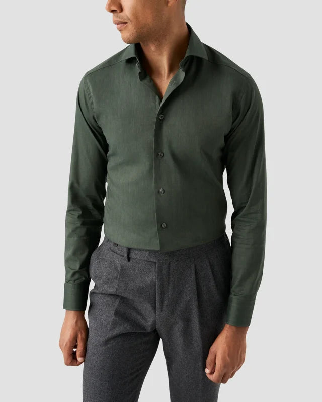 Eton Green Herringbone Wrinkle Free Flannel Contemporary Fit Shirt