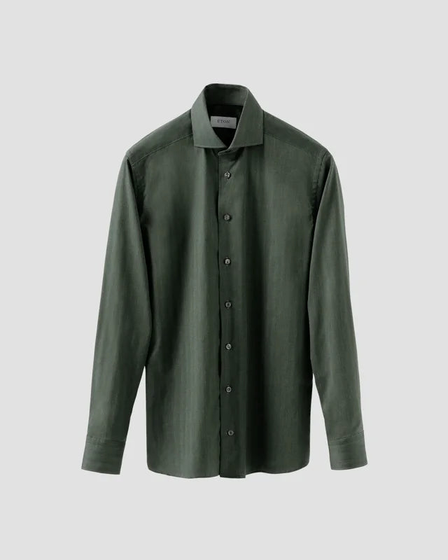 Eton Green Herringbone Wrinkle Free Flannel Contemporary Fit Shirt