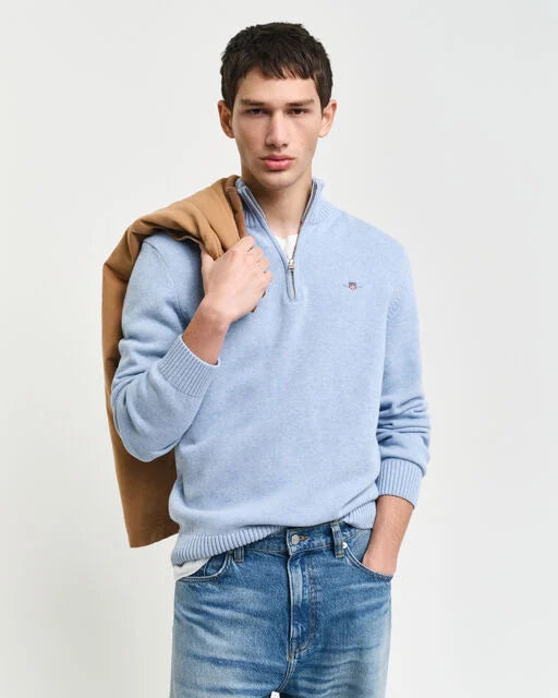 Gant Ice Blue Cotton Half Zip Jumper