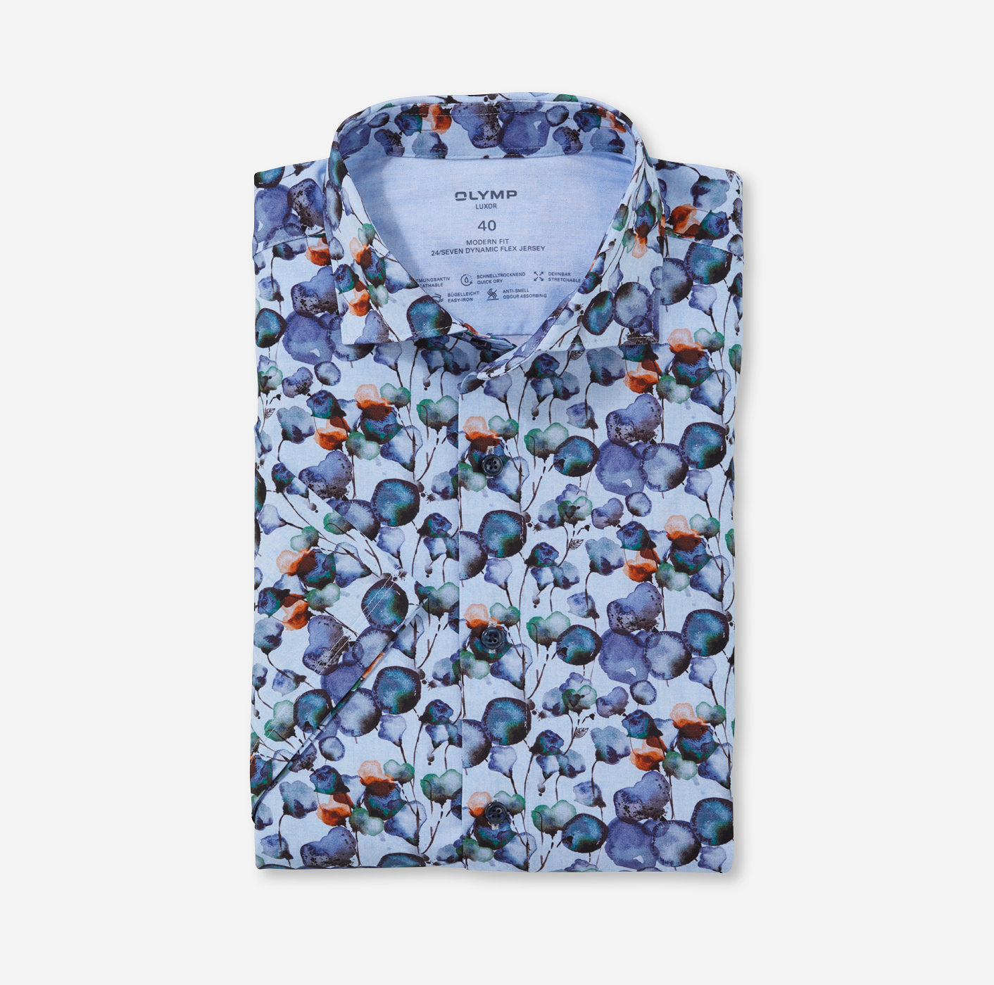 Olymp Blue Floral Flex Half Sleeve Modern Fit Shirt