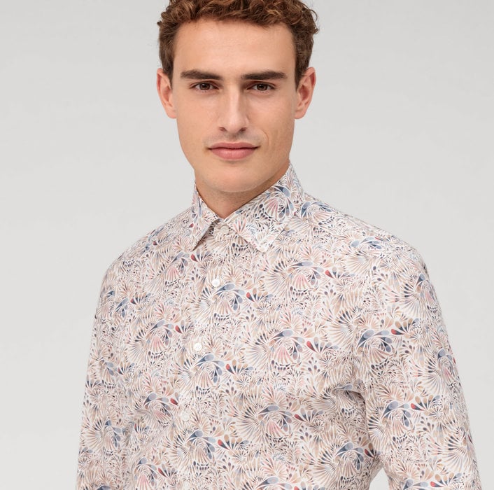 Olymp Sand Floral Print Body Fit Shirt