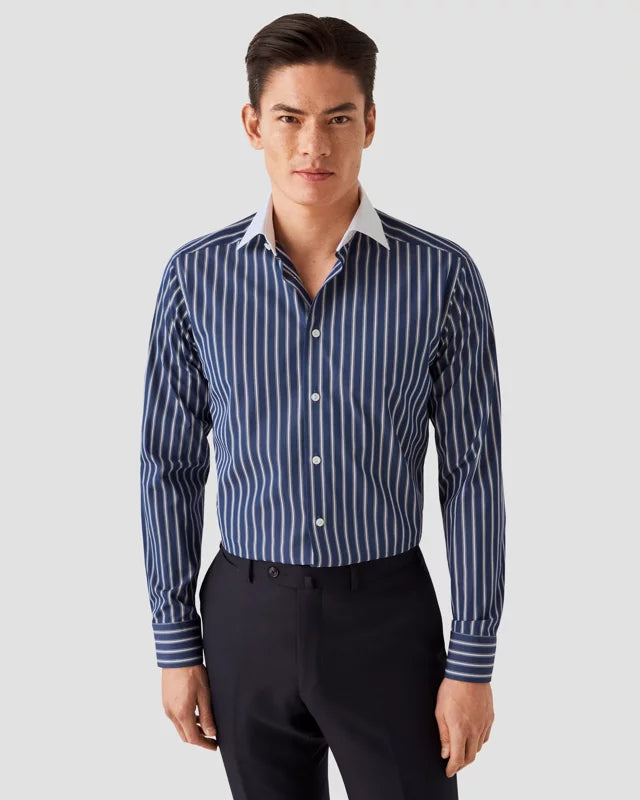 Eton Navy Striped + White Contrast Collar Contemporary Fit Shirt