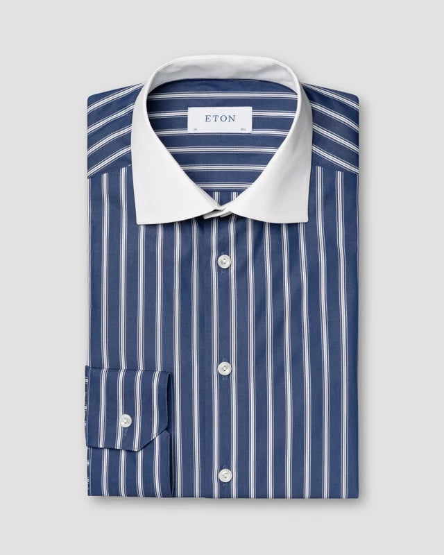 Eton Navy Striped + White Contrast Collar Contemporary Fit Shirt