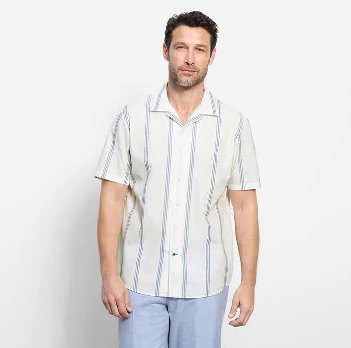 Olymp Ivory Stripe Cuban Collared Half Sleeve Modern Fit Shirt