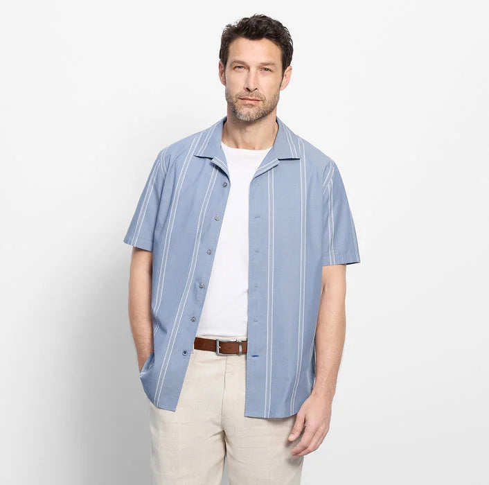 Olymp Blue Stripe Cuban Collared Half Sleeve Modern Fit Shirt