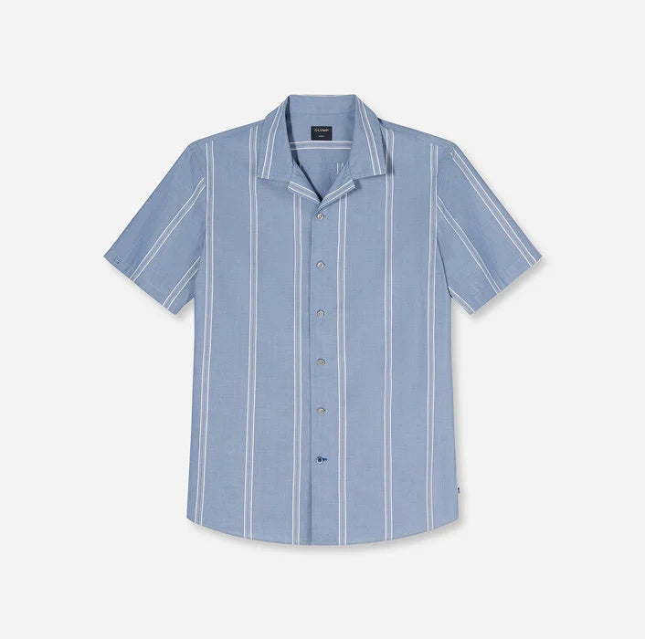 Olymp Blue Stripe Cuban Collared Half Sleeve Modern Fit Shirt