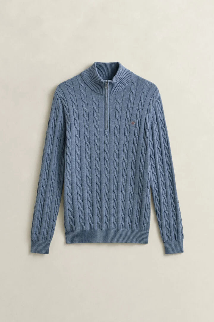 Gant Light Blue Cotton Cable Knit Half-Zip Sweater