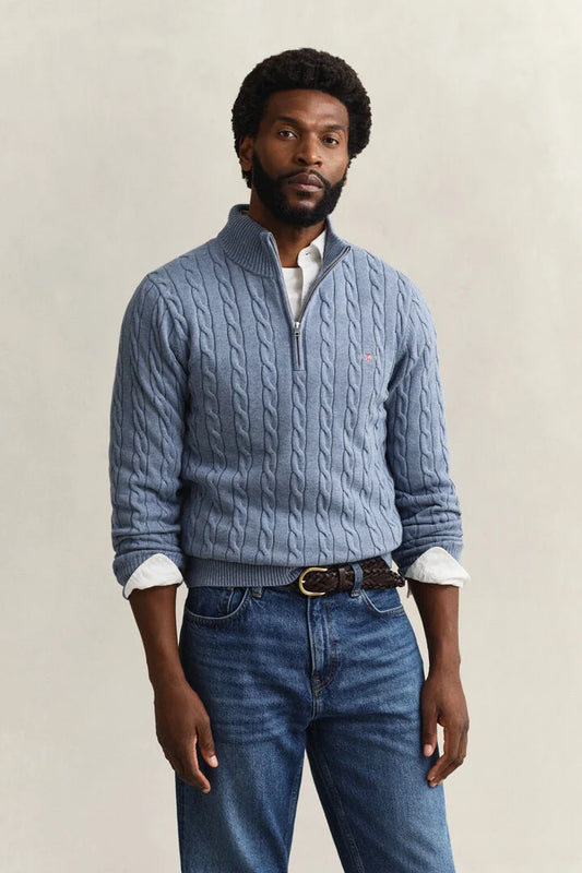 Gant Light Blue Cotton Cable Knit Half-Zip Sweater
