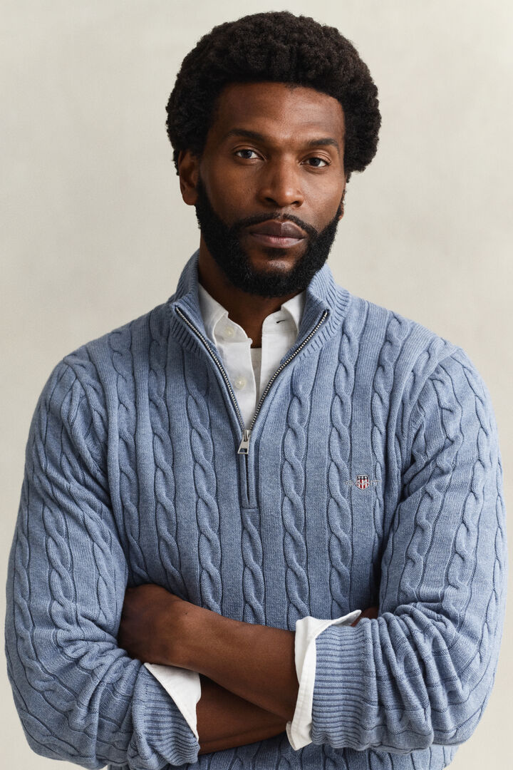 Gant Light Blue Cotton Cable Knit Half-Zip Sweater