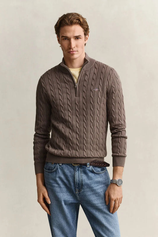 Gant Taupe Cable Knit Half Zip