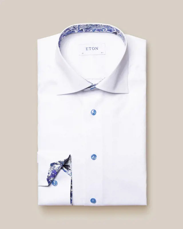 Eton White +Blue Floral Detail Contemporary Fit Signature Twill Shirt